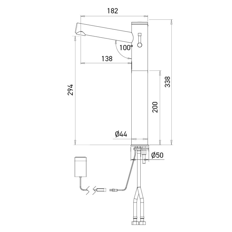 Dimensions of the battery-powered tall mixer tap: 294 mm column, 138 mm long spout Dimensions of the battery-powered tall mixer tap: 294 mm column, 138 mm long spout