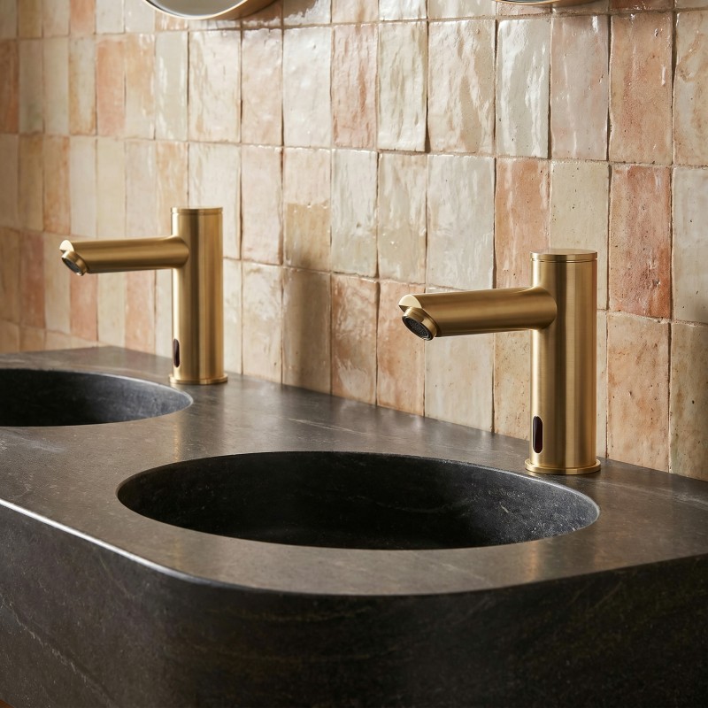 SMART automatic faucet with long spout, matte gold PVD finish for public and commercial restrooms