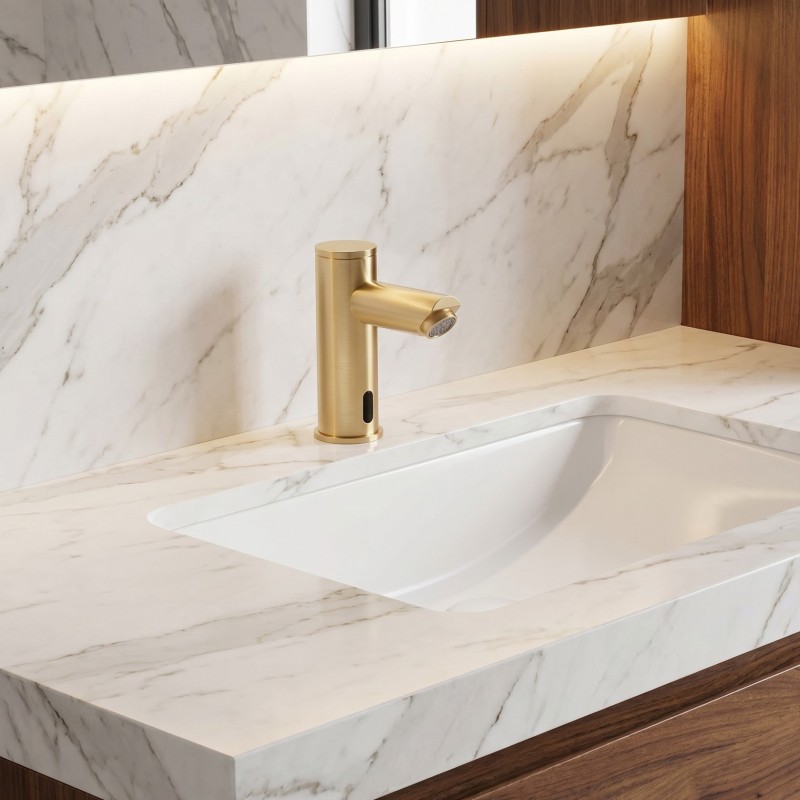 Grifo automático de lavamanos SMART con diseño minimalista acabado PVD dorado mate Grifo automático de lavamanos SMART con diseño minimalista acabado PVD dorado mate