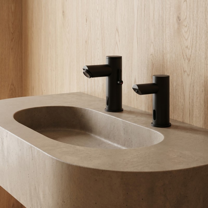 Black matte automatic SMART basin mixer tap and matching soap dispenser Black matte automatic SMART basin mixer tap and matching soap dispenser