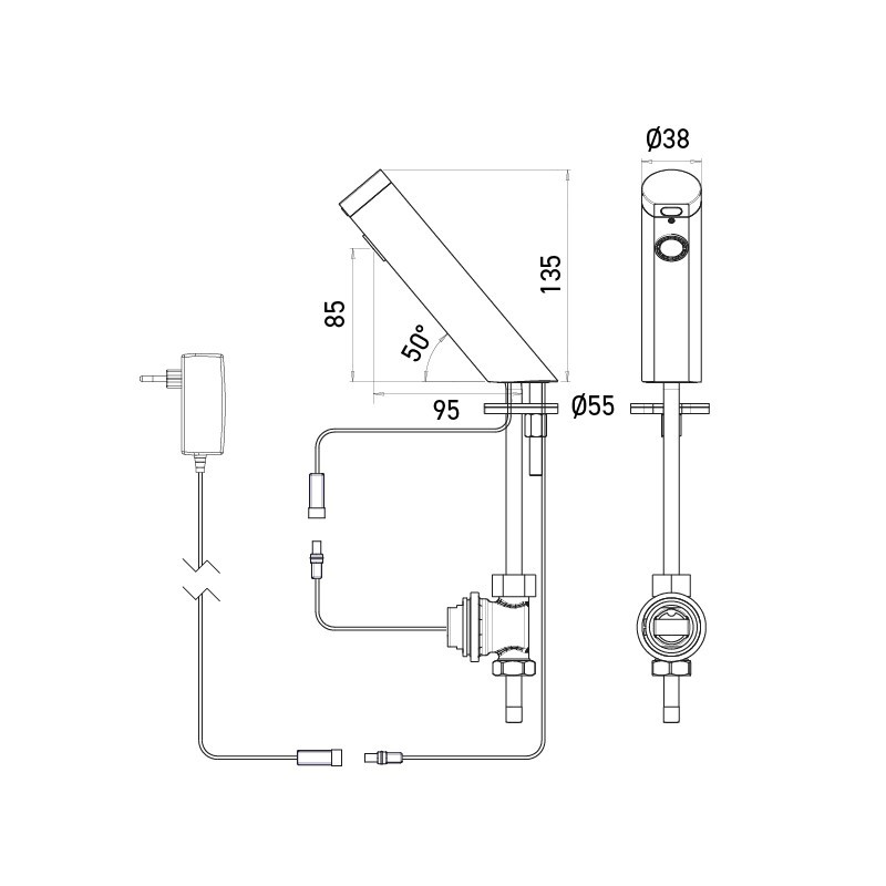 Dimensions for the automatic TOUCH FREE battery-powered faucet