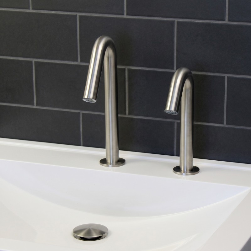 Automatic brushed stainless steel ONE faucet and soap dispenser with concealed sensor and coordinating design