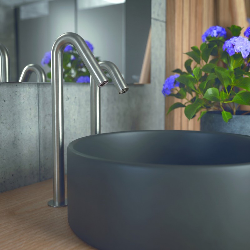 Touchless faucet and soap dispenser elevated for countertop basin ONE brushed stainless steel Touchless faucet and soap dispenser elevated for countertop basin ONE brushed stainless steel