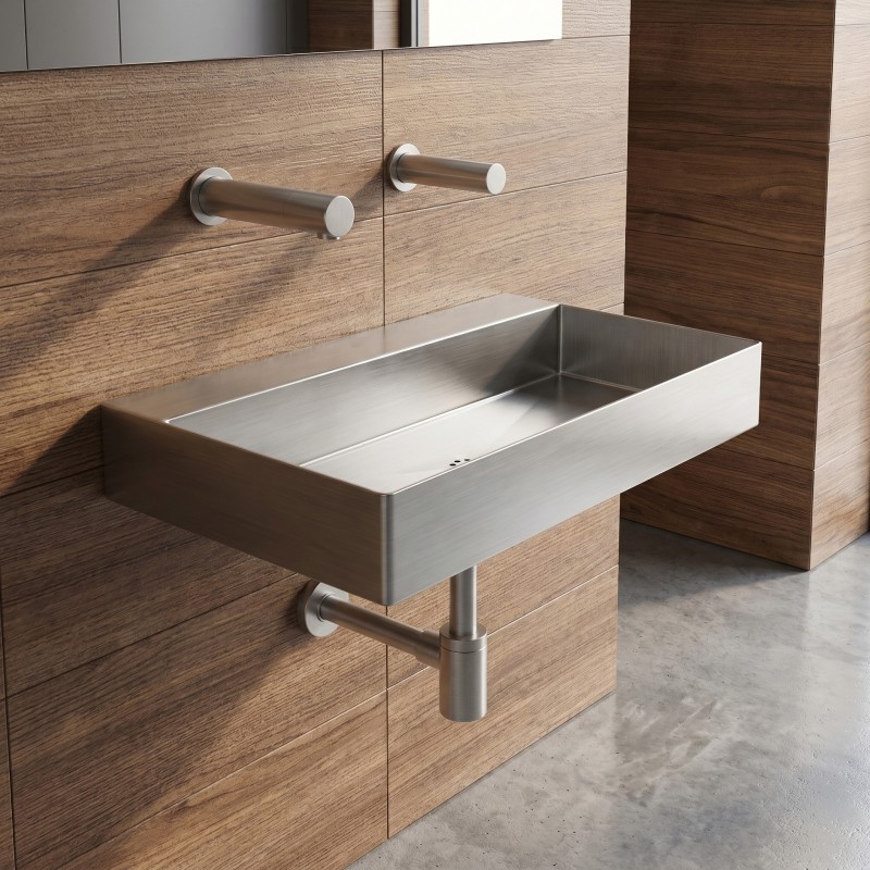 FINEO pure design washbasin with RONDEO stainless steel fittings, soap and contactless water