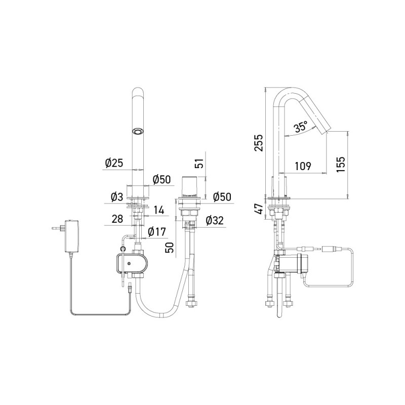 Dimensiones del mitigador automático ONE acero inoxidable cepillado con conexión a red eléctrica Dimensiones del mitigador automático ONE acero inoxidable cepillado con conexión a red eléctrica