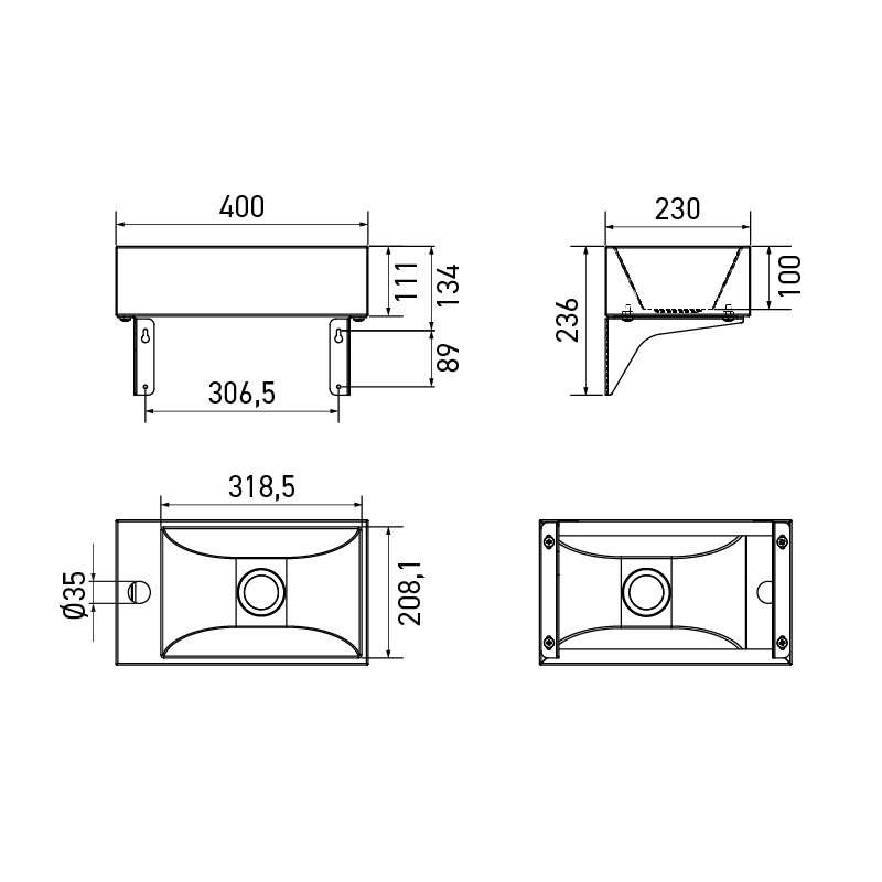 Dimensiones del lavabo de manos pequeño de acero inoxidable L-213