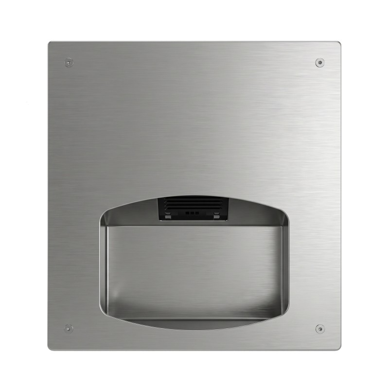 Façade inox brossé vue de face, cuvette de réception encastrée et grille de soufflage noire Façade inox brossé vue de face, cuvette de réception encastrée et grille de soufflage noire