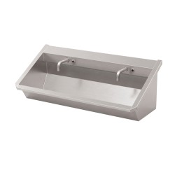 Stainless steel wash trough with two swan-neck spouts on the sloping splashback Stainless steel wash trough with two swan-neck spouts on the sloping splashback