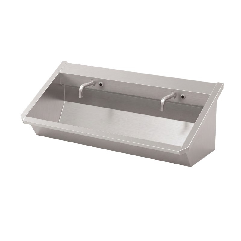 Stainless steel wash trough with two swan-neck spouts on the sloping splashback Stainless steel wash trough with two swan-neck spouts on the sloping splashback