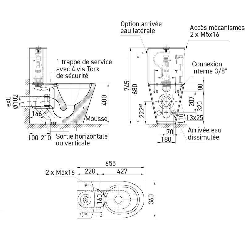 Dimensions du WC monobloc inox ULTIMA Dimensions du WC monobloc inox ULTIMA