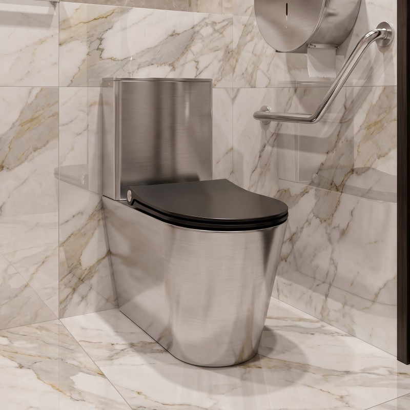 Inodoro monobloc de acero inoxidable ULTIMA elevado para personas con movilidad reducida, con un diseño contemporáneo y exclusiv Inodoro monobloc de acero inoxidable ULTIMA elevado para personas con movilidad reducida, con un diseño contemporáneo y exclusiv