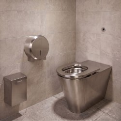 Abattant inox brossé sur WC au sol avec distributeur de papier et poubelle murale inox