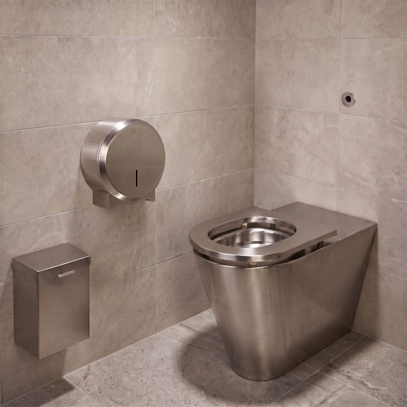 Abattant inox brossé sur WC au sol avec distributeur de papier et poubelle murale inox