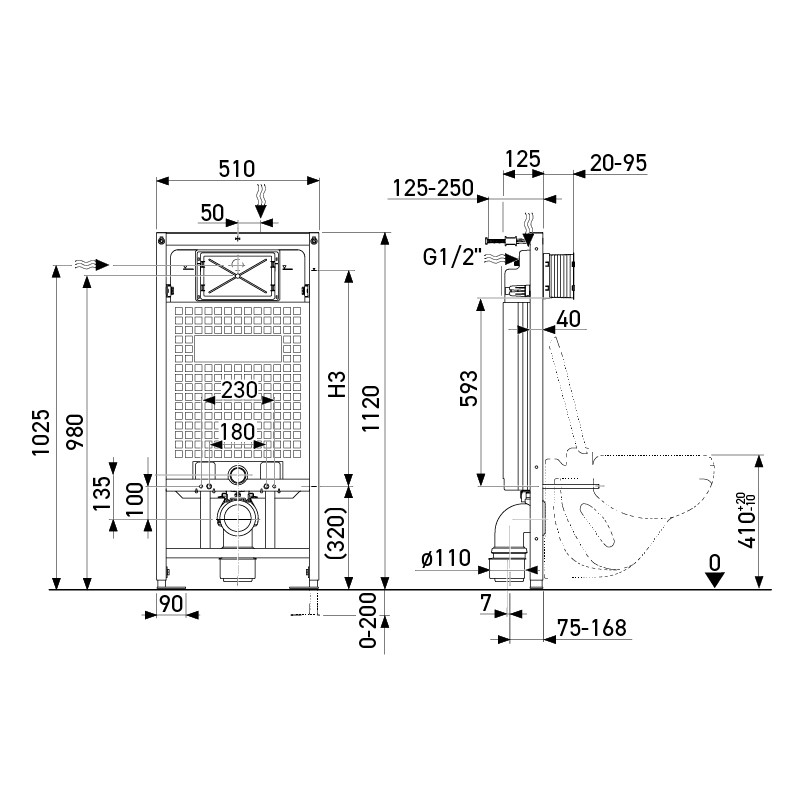 WC Frame I-Caro Dimensions – 500mm width, adjustable height 1140–1340mm WC Frame I-Caro Dimensions – 500mm width, adjustable height 1140–1340mm