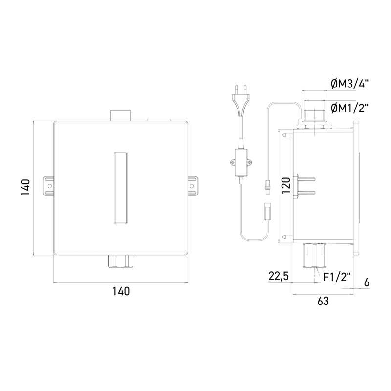 Dimensions robinet urinoir électronique encastré I-CARO : 140 × 69 × 140 mm