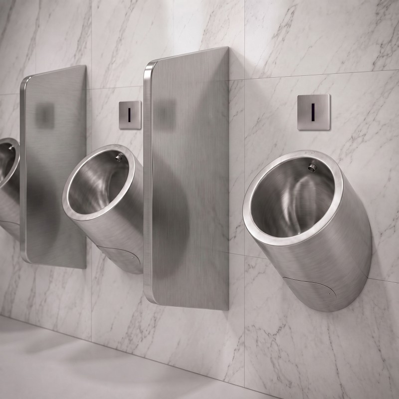 Wall-mounted urinal separator in stainless steel with hidden fastening