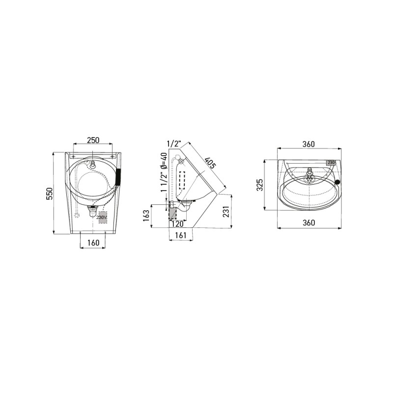Dimensions urinoir automatique inox URBA-TH : L360 x P325 x H550 mm