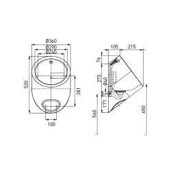 Dimensiones urinario inox URI-ONE con detector oculto, vistas frontal y lateral con cotas de ocupación e instalación Dimensiones urinario inox URI-ONE con detector oculto, vistas frontal y lateral con cotas de ocupación e instalación