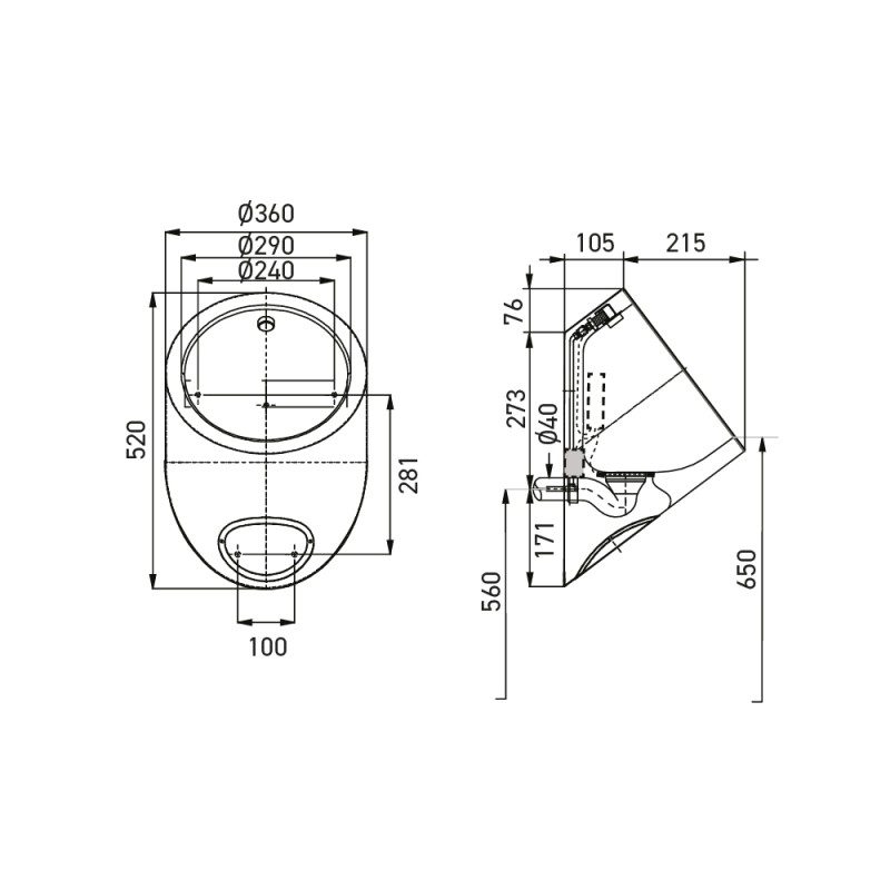 Dimensions: Stainless steel URI-ONE urinal with concealed sensor, front and side views with overall and installation measurement