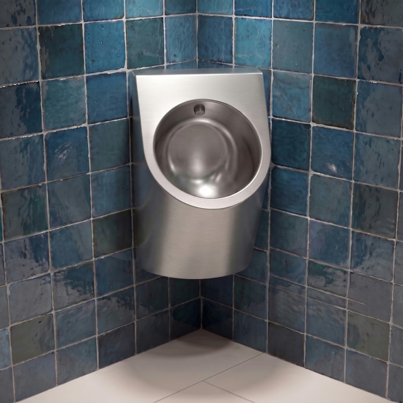 Wall-mounted corner stainless steel urinal URBA with contactless automatic flush and invisible thermal sensor