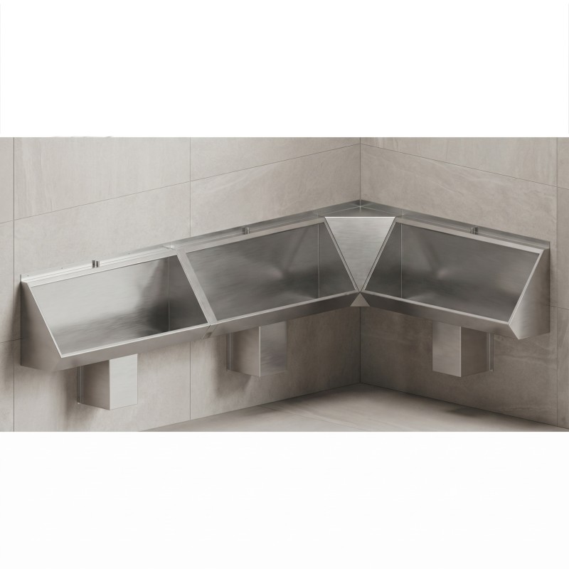 Urinoirs rigoles inox avec options cache jonction, cache angle 90° et cache siphon inox