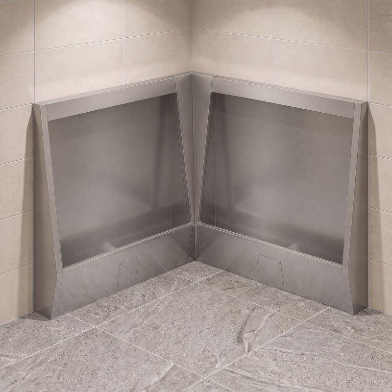 Corner urinal stall in brushed stainless steel, waterfall flush effect Corner urinal stall in brushed stainless steel, waterfall flush effect