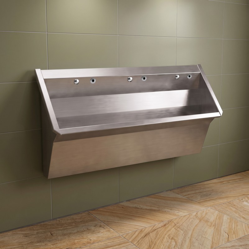 Urinoir multiple mural inox brossé avec robinetterie électronique intégrée et option jupe cache-siphon