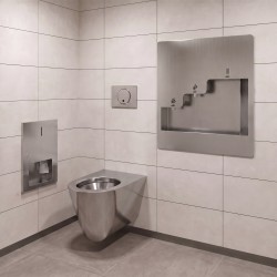 Stainless steel recessed handwash basin, vandal-resistant, with concealed soap dispenser, electronic faucet and hand dryer