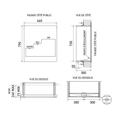 Dimensiones lavamanos empotrado acero inox 3 en 1 antivandálico L 660 × P 300 × H 760 mm Dimensiones lavamanos empotrado acero inox 3 en 1 antivandálico L 660 × P 300 × H 760 mm