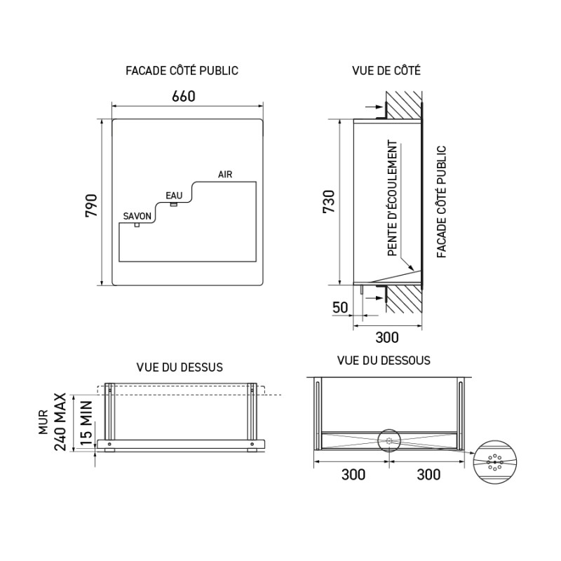 3-in-1 stainless steel vandal-resistant inset sink dimensions: L 660 × D 300 × H 760 mm