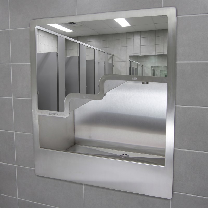Stainless steel handwashing station with soap, water, air and optional mirror, fully automatic for vandal-prone sites
