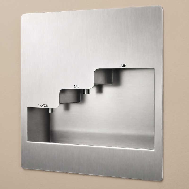 Stainless steel recessed hand sink for facilities avec automatic soap, water and air dispenser