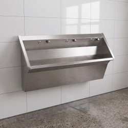 Multiple stainless steel wall urinal for shared facilities with integrated flush buttons and concealer skirt option