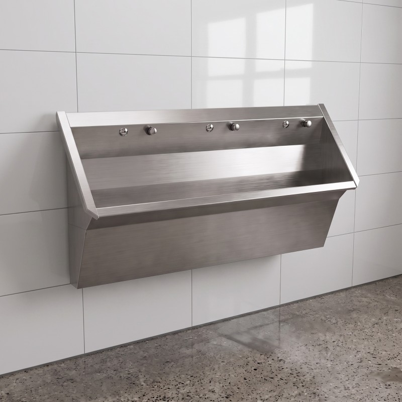 Multiple stainless steel wall urinal for shared facilities with integrated flush buttons and concealer skirt option