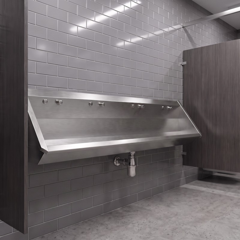 Urinoir collectif mural inox avec rinçage individuel par robinets poussoirs temporisés Urinoir collectif mural inox avec rinçage individuel par robinets poussoirs temporisés