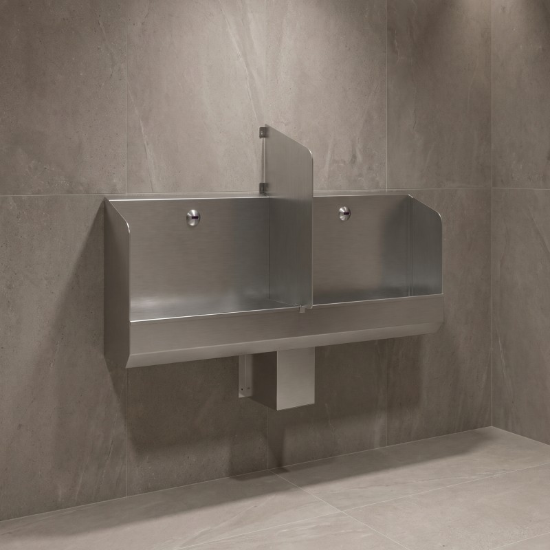 Urinoir collectif automatique inox pour sanitaires publics à forte fréquentation avec option séparateur Urinoir collectif automatique inox pour sanitaires publics à forte fréquentation avec option séparateur