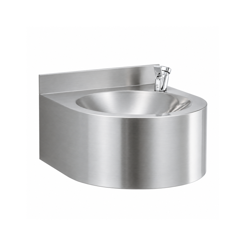 Wall-mounted brushed stainless steel drinking fountain for public spaces