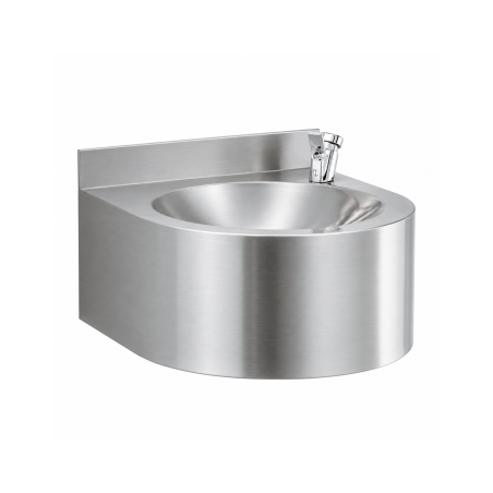 Wall-mounted brushed stainless steel drinking fountain for public spaces