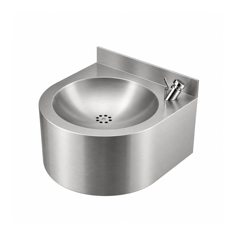 Fontaine murale inox brossé avec robinet rince-bouche pour collectivités, gare, aéroport