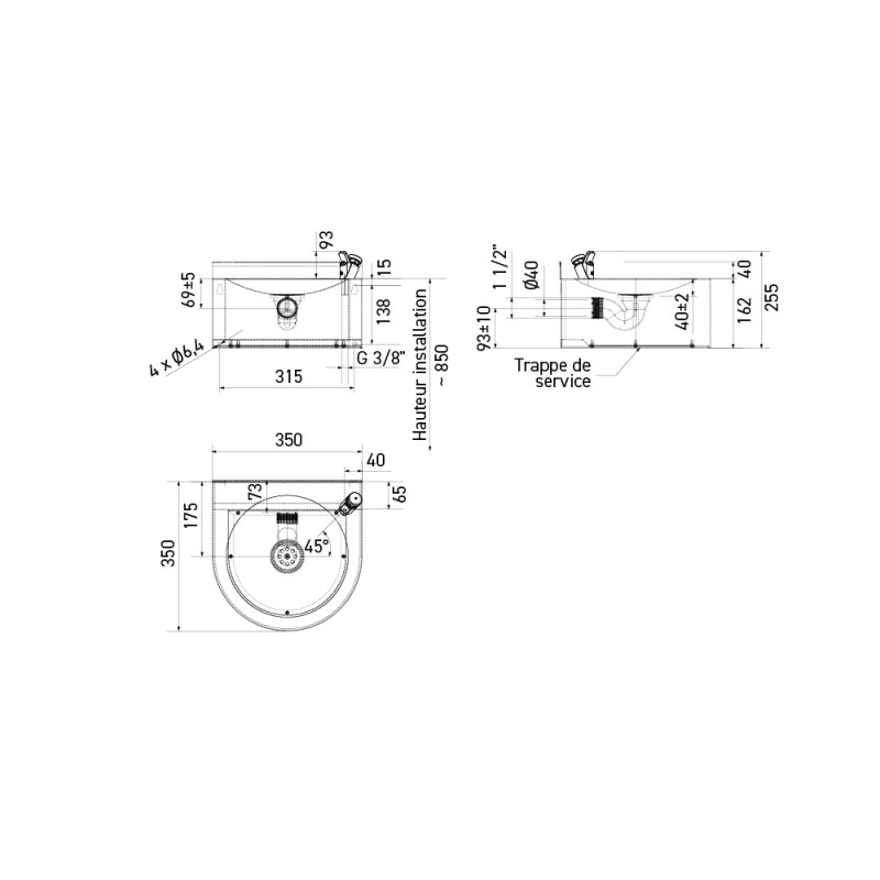 Wall-mounted stainless steel fountain 350 x 350 x H 202 mm avec backsplash