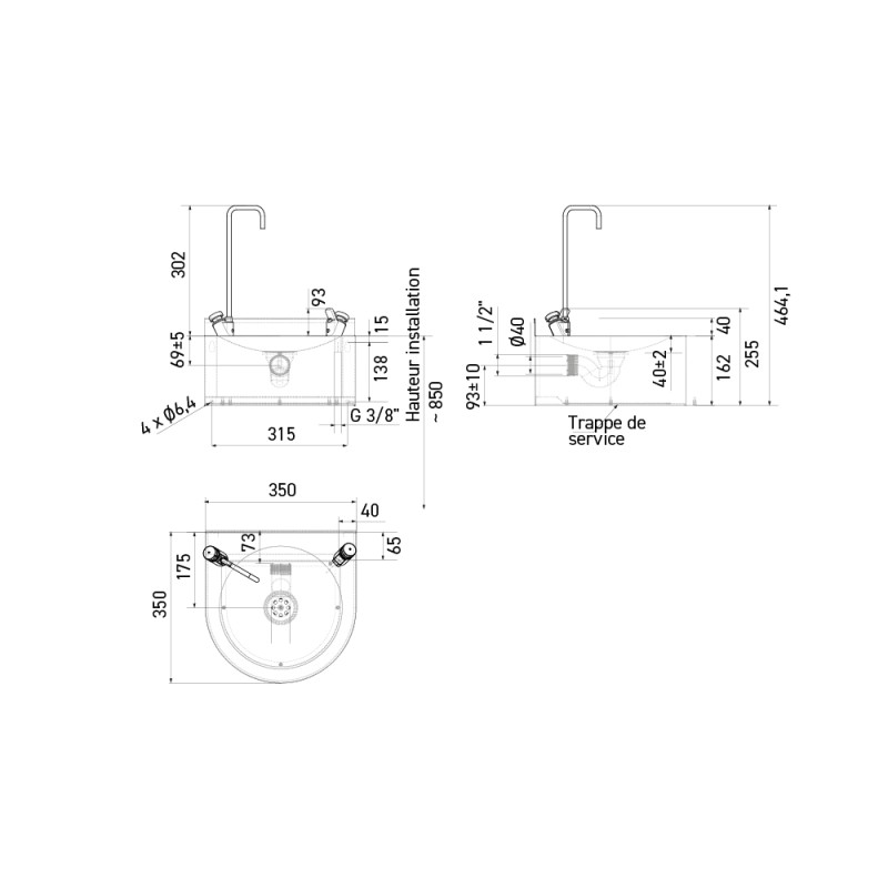 Wall fountain stainless steel 350 x 350 x H 202 mm avec backsplash and swan neck spout Wall fountain stainless steel 350 x 350 x H 202 mm avec backsplash and swan neck spout