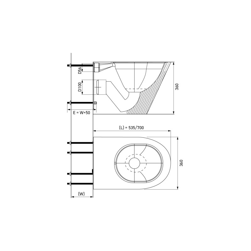Plan wc inox supendu antivandalisme