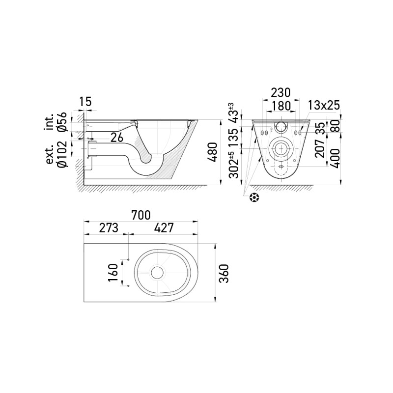 Dimensions WC suspendu PMR ULTIMA rallongé – L360 x P700 x H362 mm