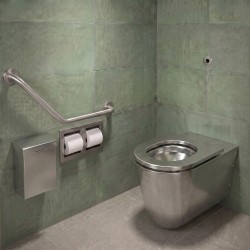 Toilette suspendue PMR en inox brossé avec fixation murale pour sanitaires collectifs