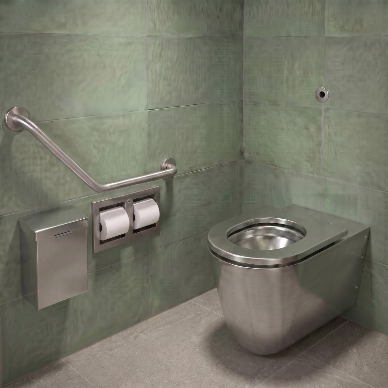 Toilette suspendue PMR en inox brossé avec fixation murale pour sanitaires collectifs