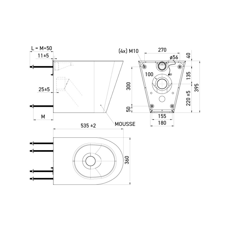 Dimensiones inodoro montaje de suelo PRIMA TC acero antivandalismo: L360 x P535 x H400 mm