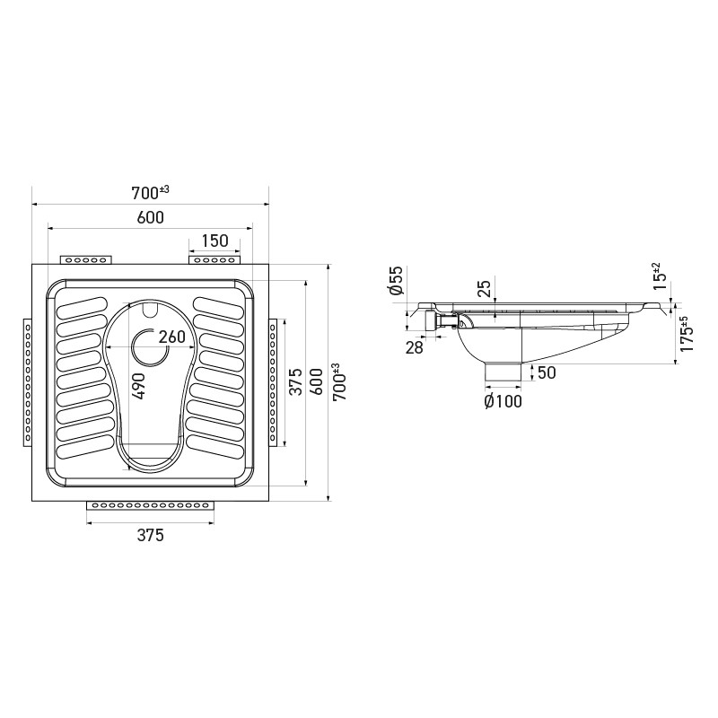 Turkish Toilet Stainless Steel Dimensions, L700 x W700 x H170/220 mm
