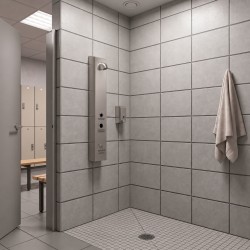 Columna de ducha de acero inoxidable, fichas RFID y señalética para guiar al usuario Columna de ducha de acero inoxidable, fichas RFID y señalética para guiar al usuario