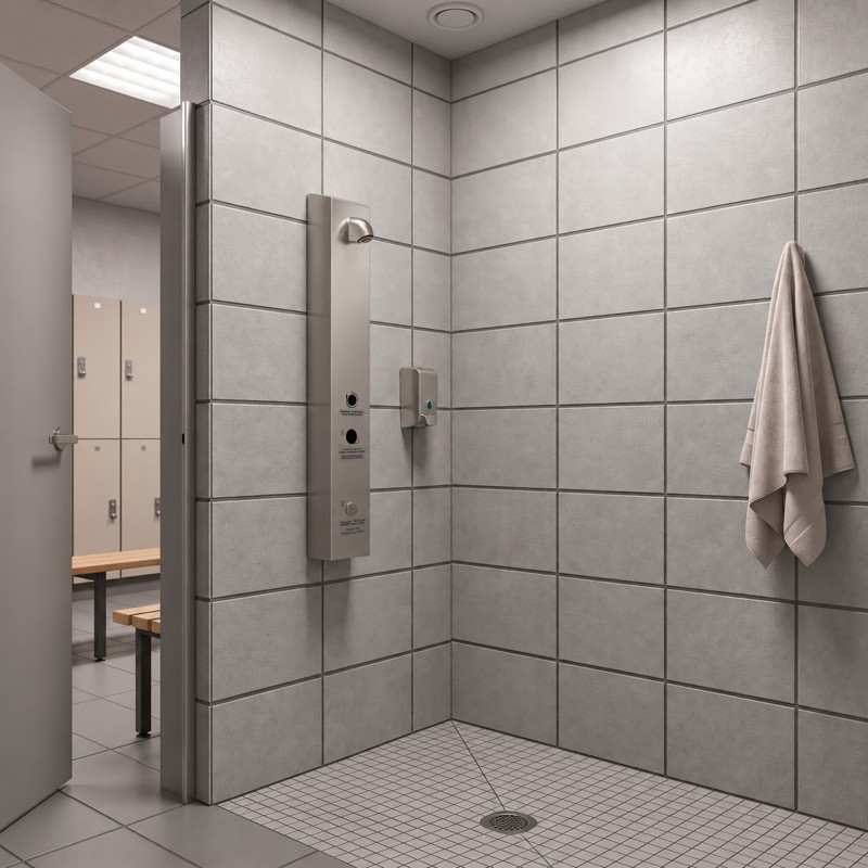 Stainless steel shower column, RFID tokens and signage to guide the user Stainless steel shower column, RFID tokens and signage to guide the user