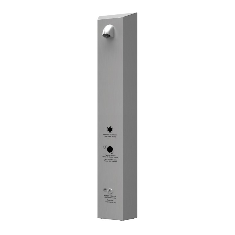 Stainless steel shower panel with RFID token timer and signage Stainless steel shower panel with RFID token timer and signage